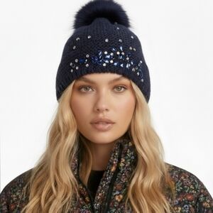 NWT Echo Fur Pom Pom Embellished Beanie Navy Rhinestone Crystals Alpaca Wool